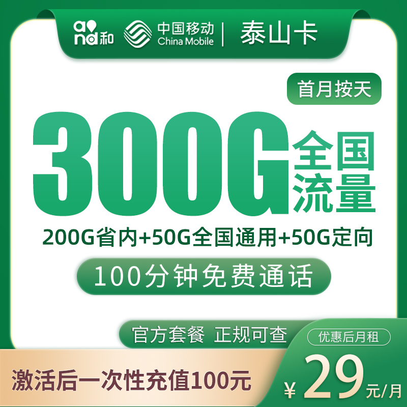 移动泰山卡29元300G+100分钟【只发山东11市】