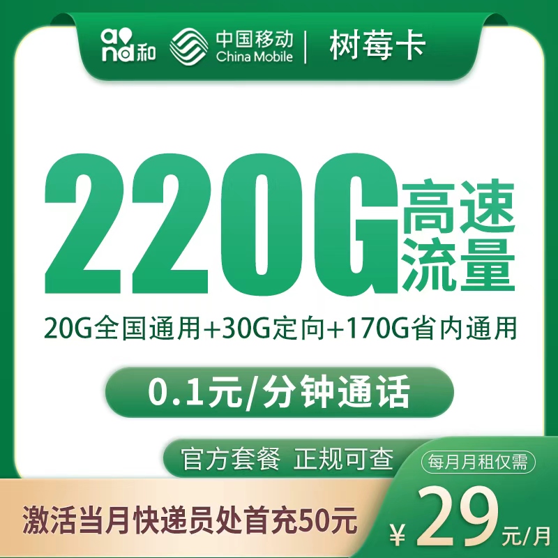 G1移动树莓卡29元220G【只发重庆】